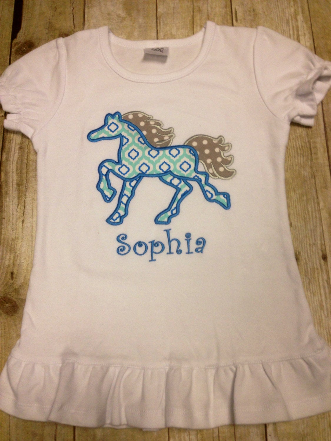 Girls Blue and Teal Horse Personalized Shirt